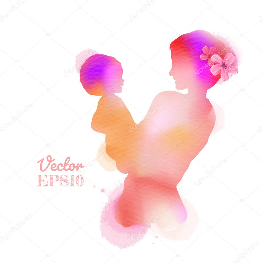 Happy mother's day. Side view of Happy mom with her daughters silhouette plus abstract watercolor painted.Double exposure illustration. Digital art painting. Vector illustration