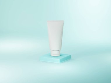 3 boyutlu illüstrasyon. Yumuşak açık mavi arkaplanda beyaz tüp tasarımı. Temiz krem ambalaj standı. 3 boyutlu losyon cilt bakımı şablonu. Kozmetik kabı.