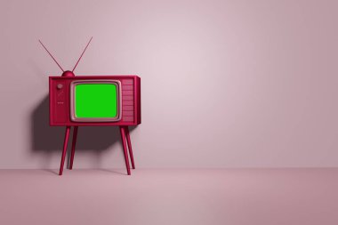Televizyon odası. Pembe arka planda klasik televizyon. Ön manzara, kopyalama alanı. 3d oluşturma