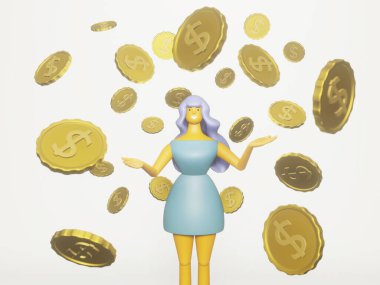 3D kadın bir yığın para içinde yüzüyor. 3d oluşturma