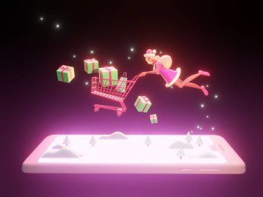 Mutlu Noeller ve mutlu yıllar. Güzel ve mutlu bir kadının çizgi film karakteri cep telefonunun üzerinden alışveriş arabasında hediye kutusuyla uçuyor. 3 boyutlu illüstrasyon. İnternet alışverişi