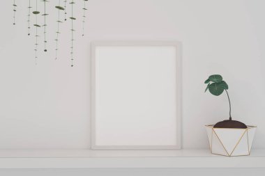 Ev içi çerçeve, beyaz duvar arkaplanının maketi. 3B görüntüleme.