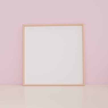 Pembe pastel arka planda fotokopi alanı olan fotoğraf çerçevesi. 3B görüntüleme