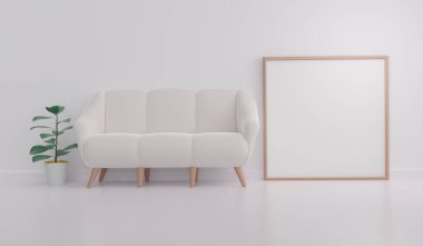 Ev içi fotoğraf çerçevesi beyaz duvar arkaplanının maketi. 3 boyutlu görüntüleme. Asgari biçim