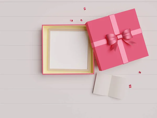 Red open gift box with empty picture frame and ribbon with empty space. Top view. 3D rendering.