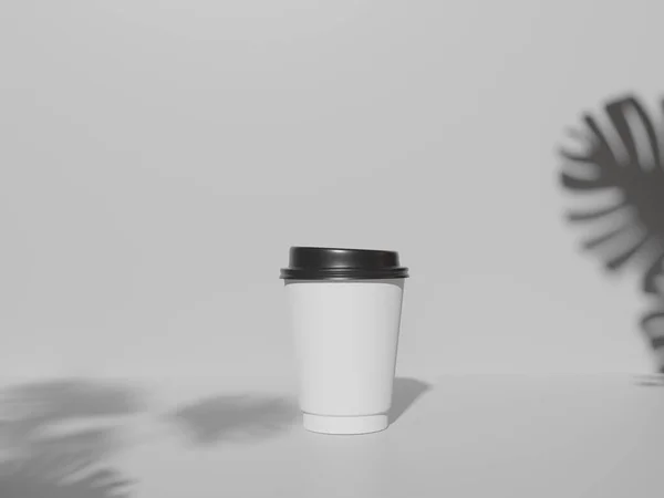 Papieren Koffiekop Mock Met Monstera Laat Schaduw Witte Achtergrond Weergave — Stockfoto