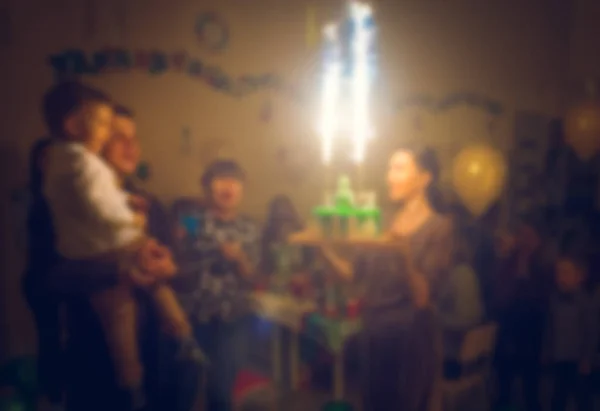 Blurred Mother Gifts Her Happy Little Child His Birthday Tasty — Stock Photo, Image