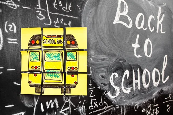 Collage of Back to school background with title Back to school and school bus written on the yellow pieces of paper on the chalkboard with math formulas written by chalk on the blackboard — Stock Photo, Image