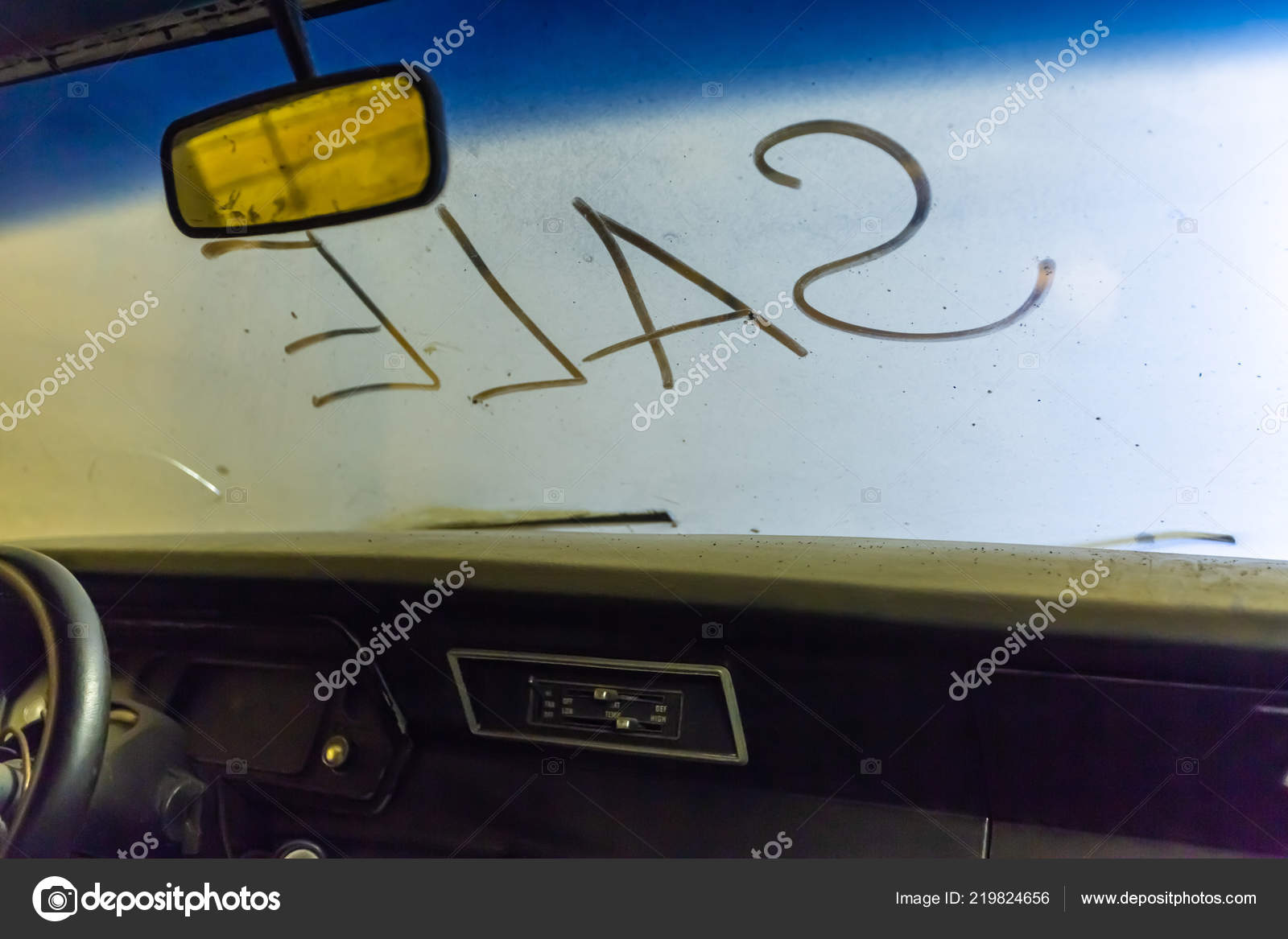 Inside View Of Old Broken Car Interior With Dusty Vehicle