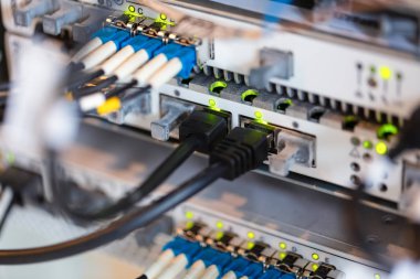 Radyo baz istasyonu yakın çekim donatımın, mavi ve sarı optik yama kordonlar. Internet. İletişim. Ağ