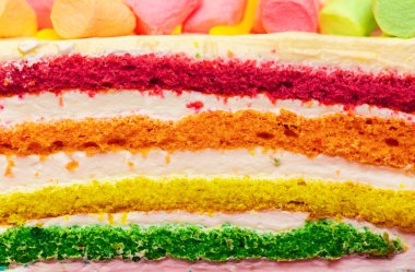 Çok renkli dört katlı pastayı üst renkli hatmi ile arka plan. Yakın çekim. Gökkuşağı kek doku