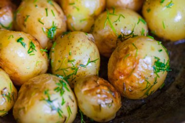 Fırında patates - ceket patates - bütün derileri ayçiçek yağı ve dereotu kahverengi oluncaya kadar. Yakın çekim.