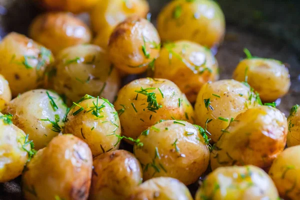 Baked potatoes - jacket potatoes - whole in their skins with sunflower oil and dill until golden brown . Close up.