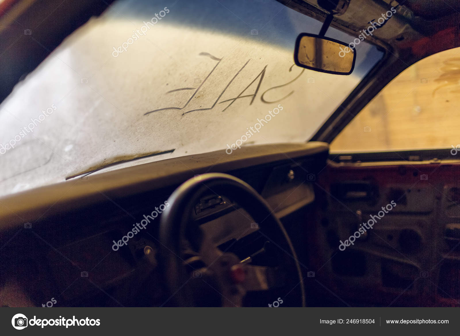 Inside View Of Old Broken Car Interior With Dusty Vehicle