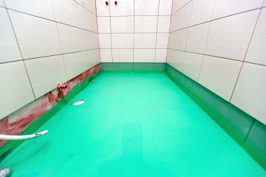 Apartmanda yeşil renkli su geçirmez kaplama malzemesi ile boyanmış kiremitli duvarlar ve zemin ile banyo inder inşaat, remodeling, yenileme, revizyon, uzatma, restorasyon ve rekonstrüksiyon