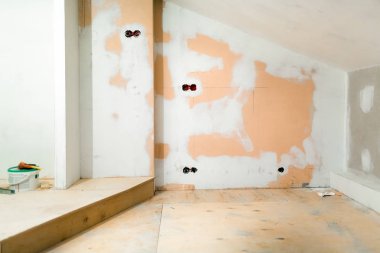 Daireye alçı taşı duvarları yapmak için alçı levha ya da alçıpan yerleştirme süreci inşaat, tadilat, yenileme, uzatma, restorasyon ve yeniden yapılanma aşamasında. Ev kavramı