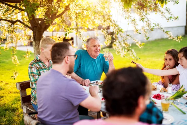 Napfényes Nap Piknik Asztalnál Boldog Család — Stock Fotó