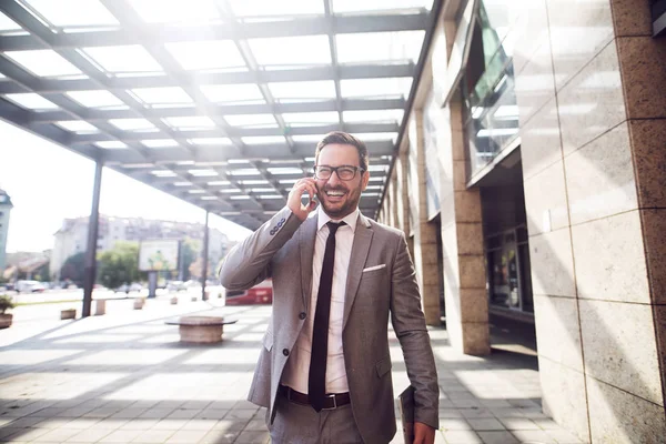 Smiling Young Businessman Walking Confidence New Business Meeting Talking Cell — Stock Photo, Image