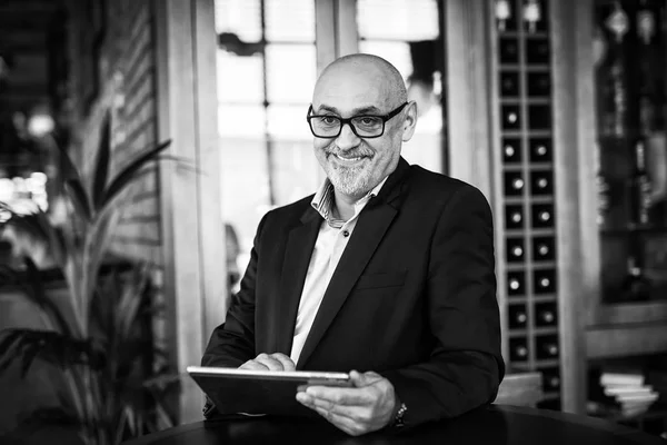 Smiling Mature Businessman Using Tablet His Office — Stock Photo, Image