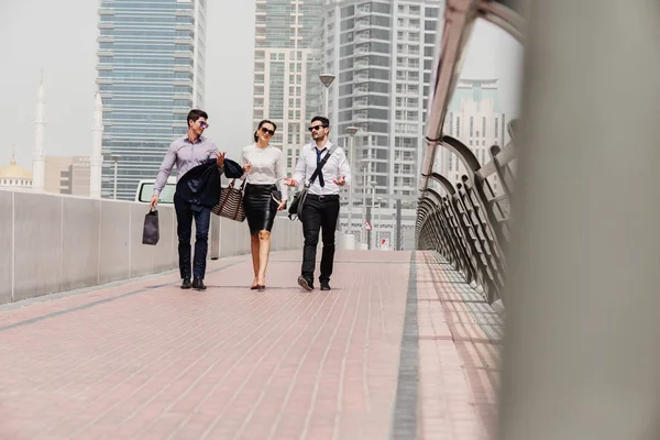 Modern Young Businesspeople Suit Dubai Marine Walking Office Talking New — Stock Photo, Image
