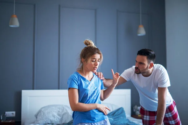 Young Unhappy Couple Arguing Bedroom — Stock Photo, Image
