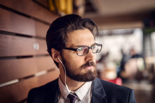 Successful Handsome Young Bearded Businessman Cafe — Stock Photo, Image