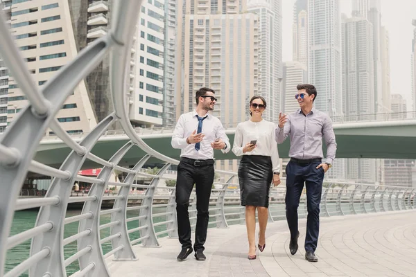 Businesspeople Dubai Marina Walking Office Talking New Marketing Moves Ideas — Stock Photo, Image