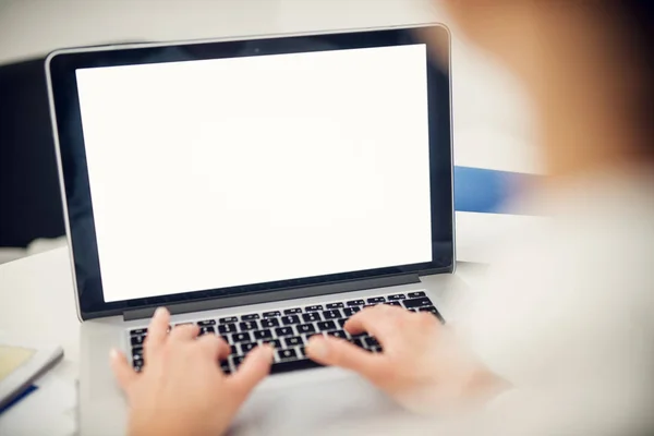 Woman Typing Laptop Blank Editable Screen Office — Stock Photo, Image