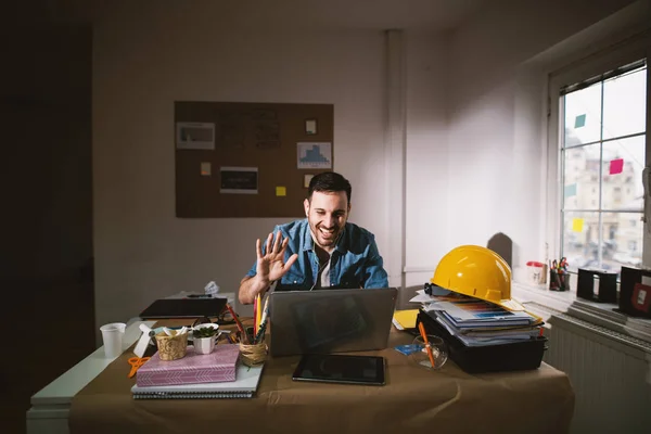 Happy Young Modern Engineer Reading Report Laptop Office — Stock Photo, Image