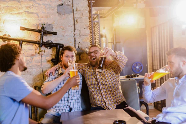 Young Happy Bearded Men Drinking Beer Pub Having Fun — Stock Photo, Image