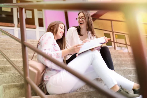 Dois Sorrindo Meninas Ensino Médio Bonito Ler Notas Juntos Escadas — Fotografia de Stock