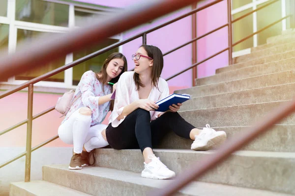 Dos Sonrientes Chicas Secundaria Bastante Leer Notas Juntos Las Escaleras — Foto de Stock