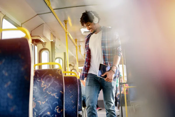 Young Modern Afro American Man Standing Public Transport Listening Music — Stock Photo, Image