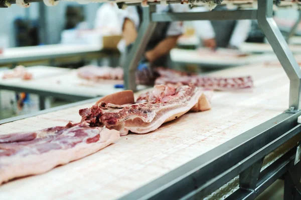Werknemers Het Voldoen Aan Industrie Handvat Vlees Organiseren Verpakking Scheepvaart — Stockfoto