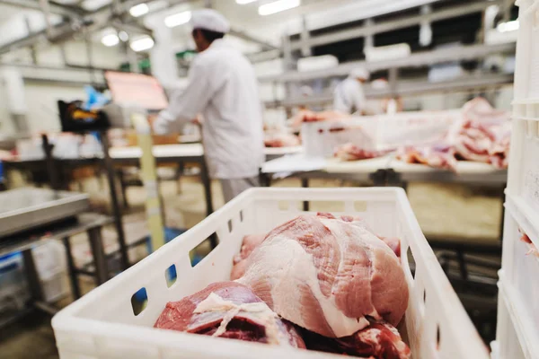 Lavoratori Dell Industria Incontrano Maneggiare Carne Organizzando Carico Spedizione Imballaggio — Foto Stock