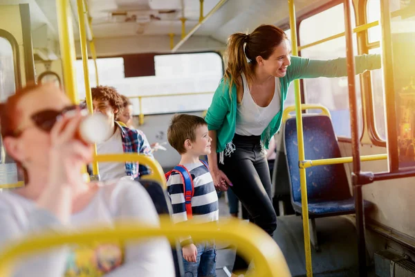 Young Beautiful Mother Little Son Bus — Stock Photo, Image