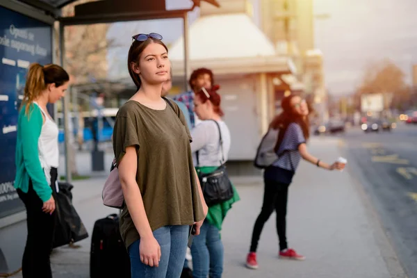 Group People Standing Street Waiting Transport — Stock Photo, Image
