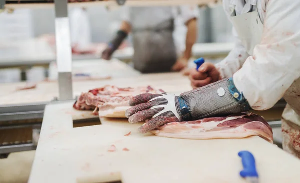 Arbeiter Der Fleischindustrie Organisieren Verpackungsverladung Fleischfabrik — Stockfoto