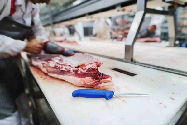 Lavoratori Dell Industria Incontrano Maneggiare Carne Organizzando Carico Spedizione Imballaggio — Foto Stock