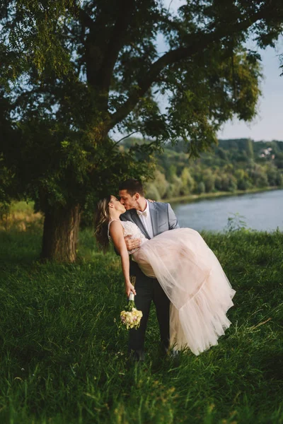 Hermosa Amor Recién Casada Pareja Besándose Naturaleza Novio Sosteniendo Novia — Foto de Stock