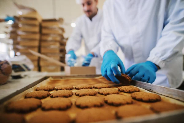 食品工場で焼きたてのクッキー トレイのクローズ アップ つの男性社員のバック グラウンドでクッキーをパッキング滅菌服の画像をぼやけ — ストック写真
