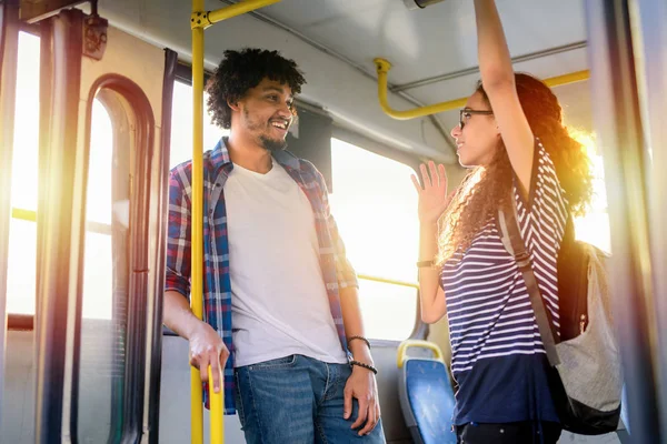 Young Cute Couple Standing Bus Talking Mix Race Couple — Stock Photo, Image