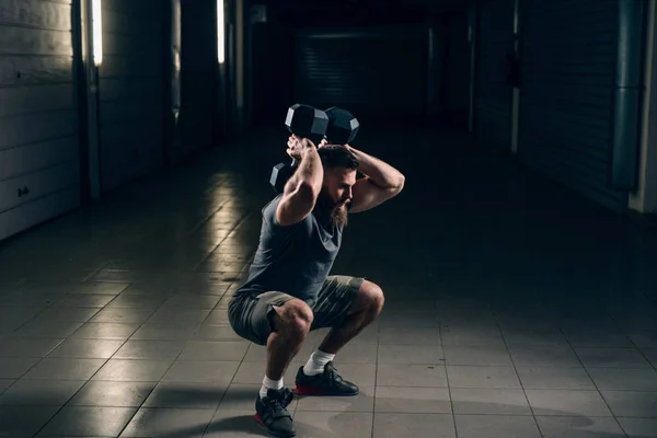 Side View Muscular Attractive Caucasian Bearded Man Doing Squats Dumbbells — Stock Photo, Image