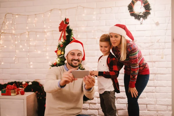 Young Happy Parents Adorable Little Son Celebrating Christmas Home Taking — Stock Photo, Image
