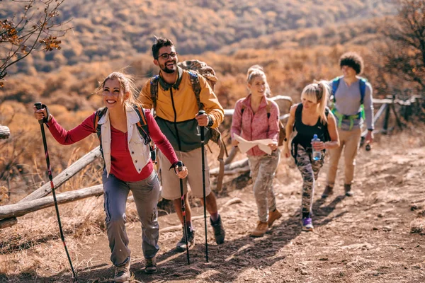 Les Randonneurs Escaladent Colline Ils Marchent Dans Rangée Dans Forêt — Photo