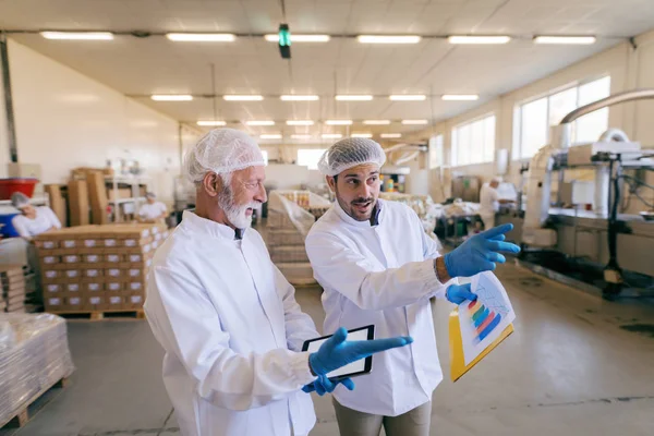 Dois Funcionários Fábrica Alimentos Masculinos Roupas Estéreis Falando Sobre Planos — Fotografia de Stock