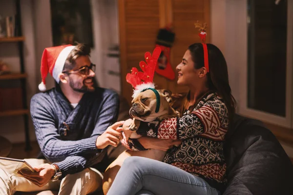 Casal Sentado Sala Estar Brincando Com Cão Natal Feriados Conceito — Fotografia de Stock