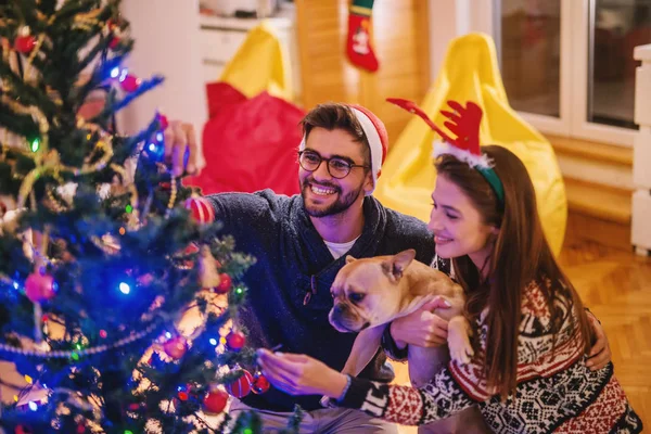 一对夫妇装饰圣诞树 戴在圣诞老人的帽子和驯鹿头上 抱着狗的女孩家居内饰 圣诞节假期概念 — 图库照片