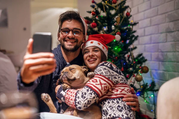 Pár Kutya Előtt Karácsonyfa Önarckép Figyelembe Fejek Santa Kalap Karácsonyi — Stock Fotó
