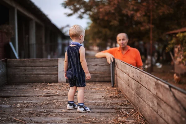 Kleine Jongen Permanent Een Houten Aanhangwagen Kijken Naar Zijn Grootvader — Stockfoto